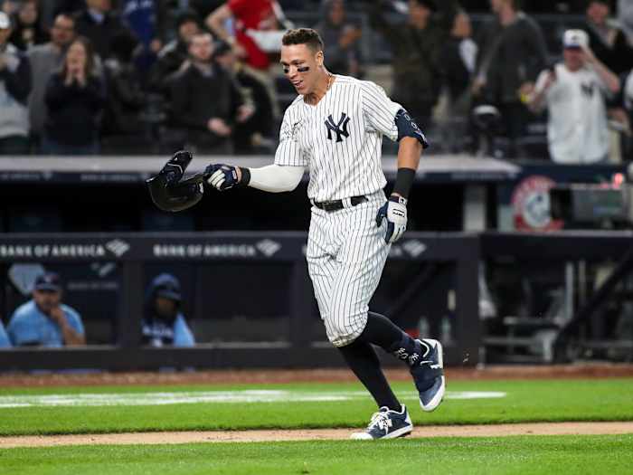 May 10, 2022; Bronx, New York, USA; New York Yankees center fielder Aaron Judge (99) rounds the bases after hitting a walk-off three-run home run to defeat the Toronto Blue Jays 6-5 at Yankee Stadium.